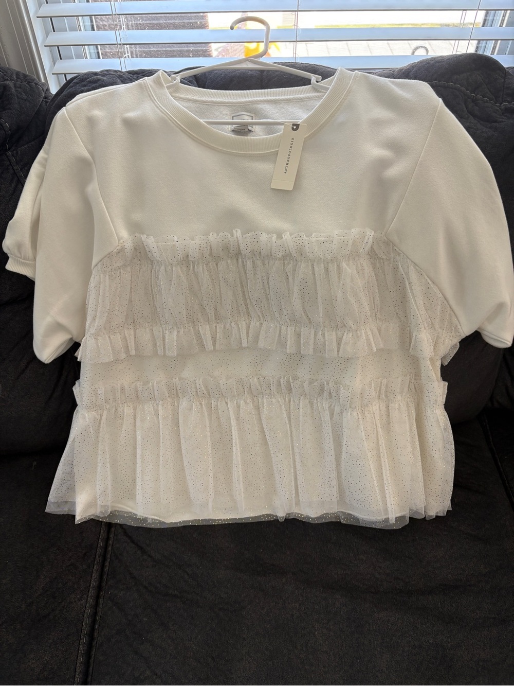 Maeve White Short Sleeve Tulle Ruffle Sweatshirt - Picture 3 of 5